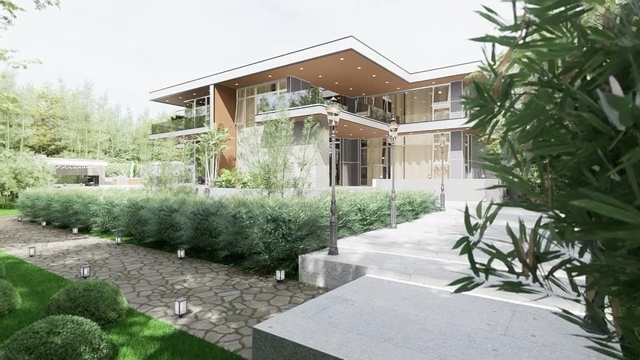 Moderne woning met grote glaspartijen, tuin en groen gazon